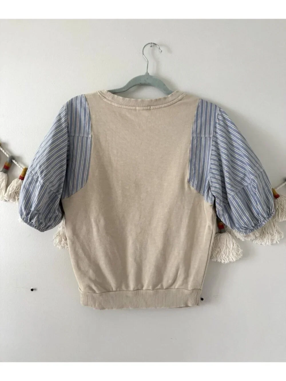 Anthropologie Pilcro Woven Stripe Puff Sleeve Cream Top Basics Coquette Coastal